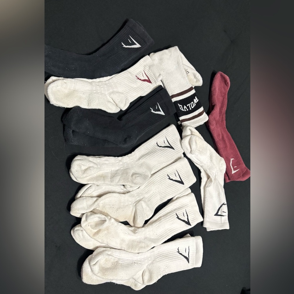 10 Gymshark Crew Sock Bundle - White, Black & Maroon